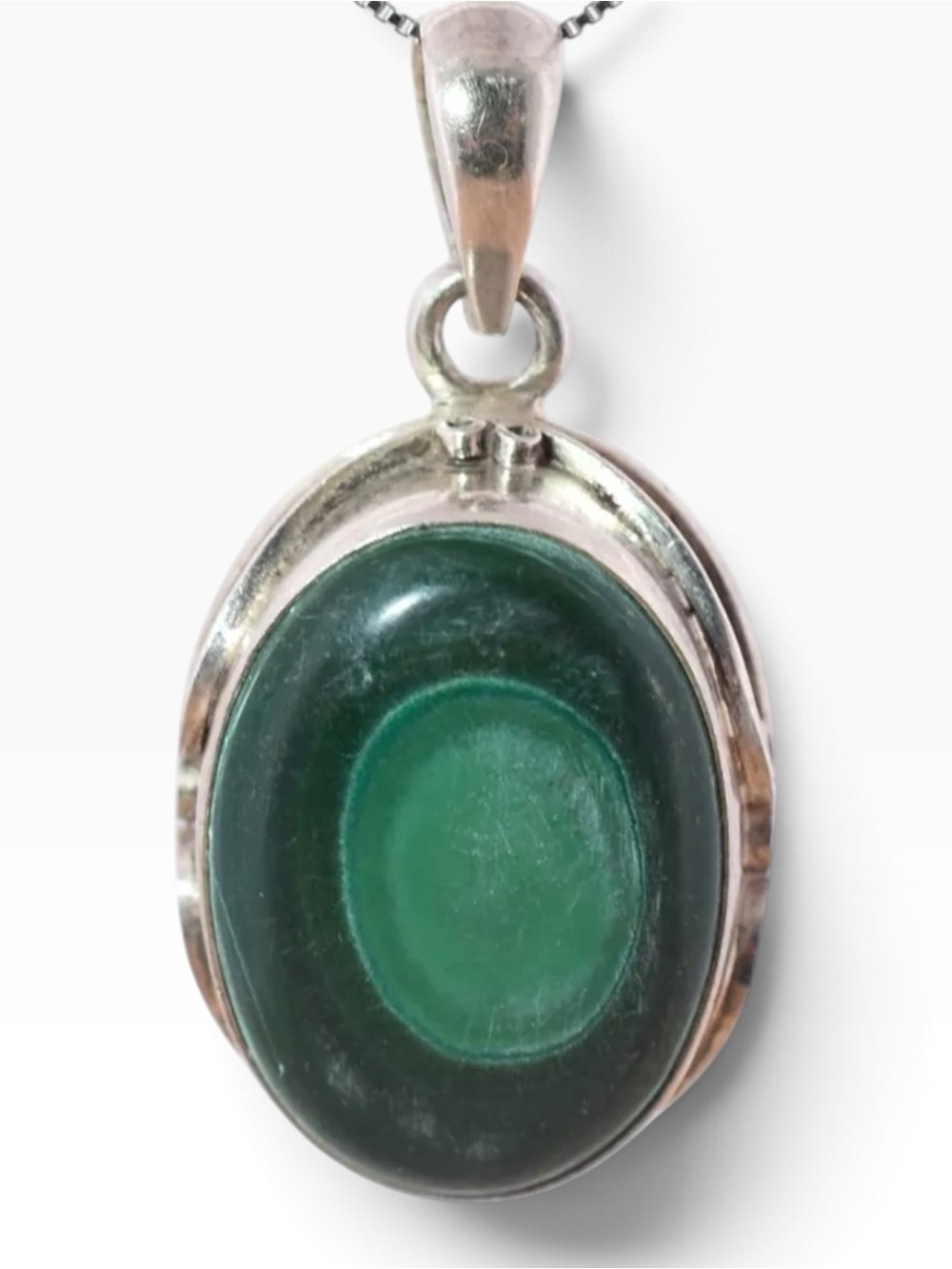 Vintage Sterling Silver Malachite Pendant 925 Oval Green Stone Cabochon 9.9g